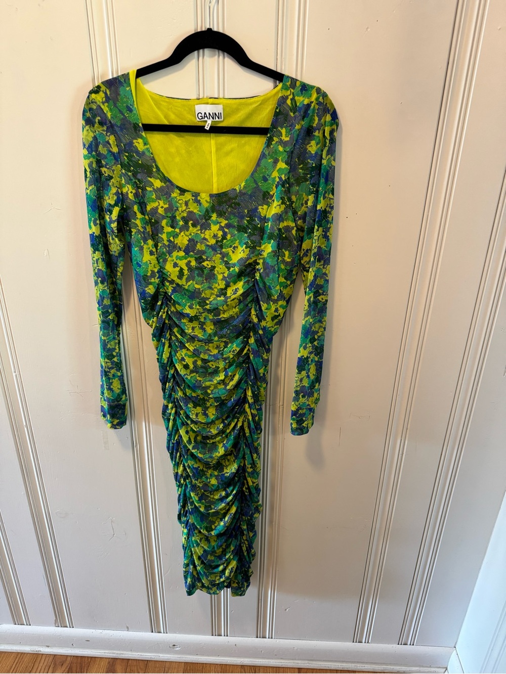 Ganni Long-Sleeve Ruched Floral Midi Dress in Green and Yellow